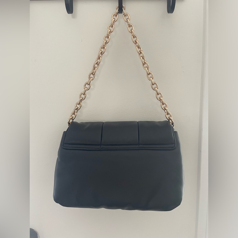 Black Quilted Puffy Vegan Leather Shoulder Bag with Gold Chain Strap - Picture 5 of 7
